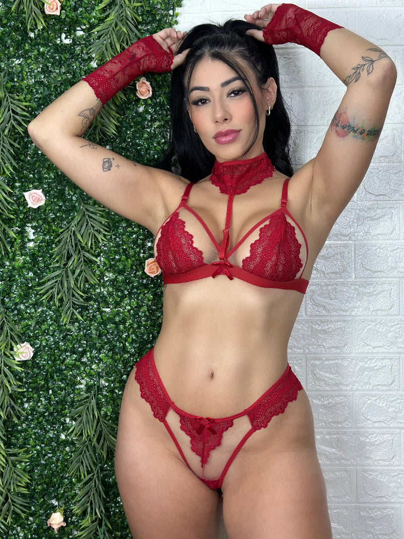 Kit completo Lingerie Renda Sensual Sexy vermelho