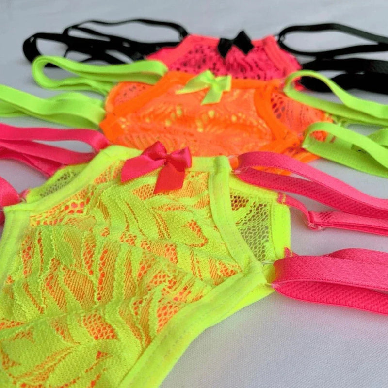 Calcinha Tanga Neon Duas tiras Fio Sexy String Coloridas Lingerie com regulagem dupla