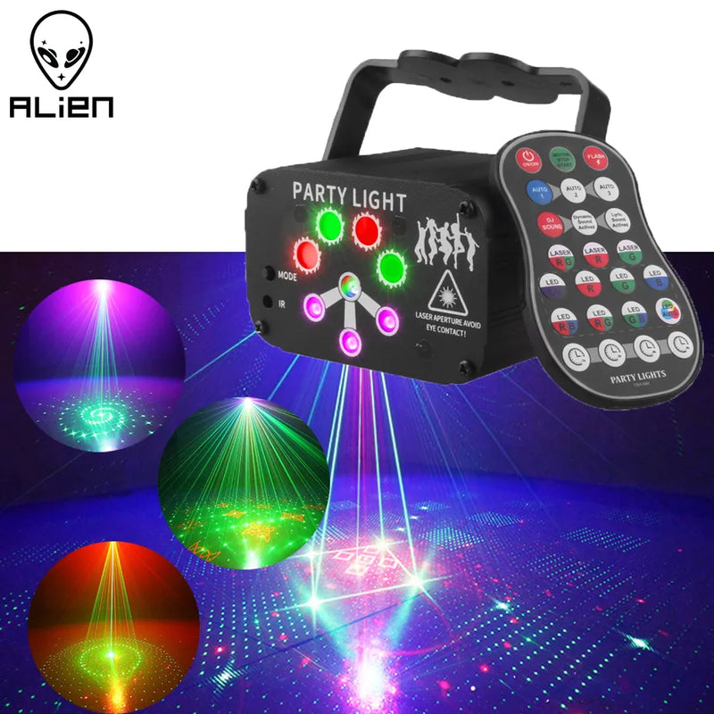 Projetor Laser Sem Fio ALIEN DJ Disco - Efeitos Luz Neon UV Luzes Strobo e Desenhos Hologramas para Festas - Recarregável