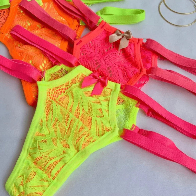 Calcinha Tanga Neon Duas tiras Fio Sexy String Coloridas Lingerie com regulagem dupla