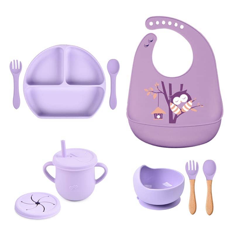 Kit 8 Pçs, Conjunto De Refeição Em Silicone Para Bebê, Prato com Ventosa, 100% Silicone, Babador Com Estampa