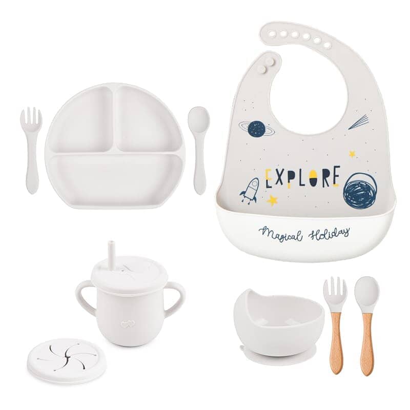 Kit 8 Pçs, Conjunto De Refeição Em Silicone Para Bebê, Prato com Ventosa, 100% Silicone, Babador Com Estampa